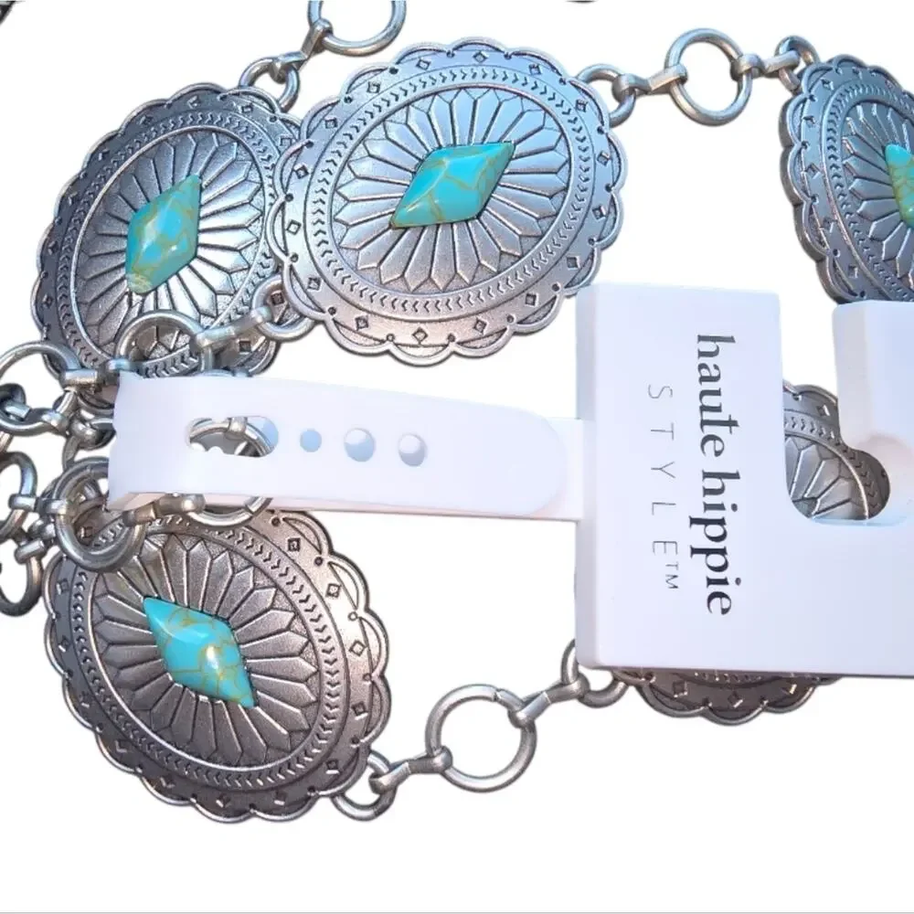 Haute Hippie Silver and Turquoise Chain Concho Belt New